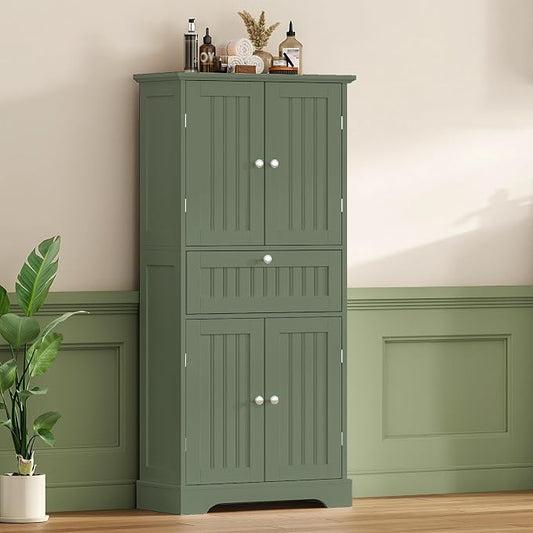 ChooChoo 51" H Tall Bathroom Floor Cabinet, Modern Bathroom Storage Cabinet with Drawer and Adjustable Shelves, Freestanding Kitchen Pantry Cupboard with 4 Doors for Living Room, Green