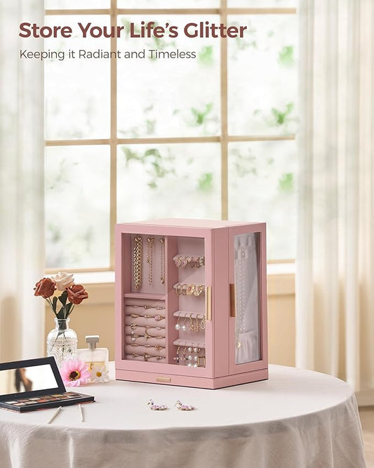 Glimmloop 360° Rotating Jewelry Box with 5 Drawers, Spacious Vertical Jewelry Organizer with Glass Window, Jewelry Storage Case, Dustproof & Moisture-resistant Design, Pink