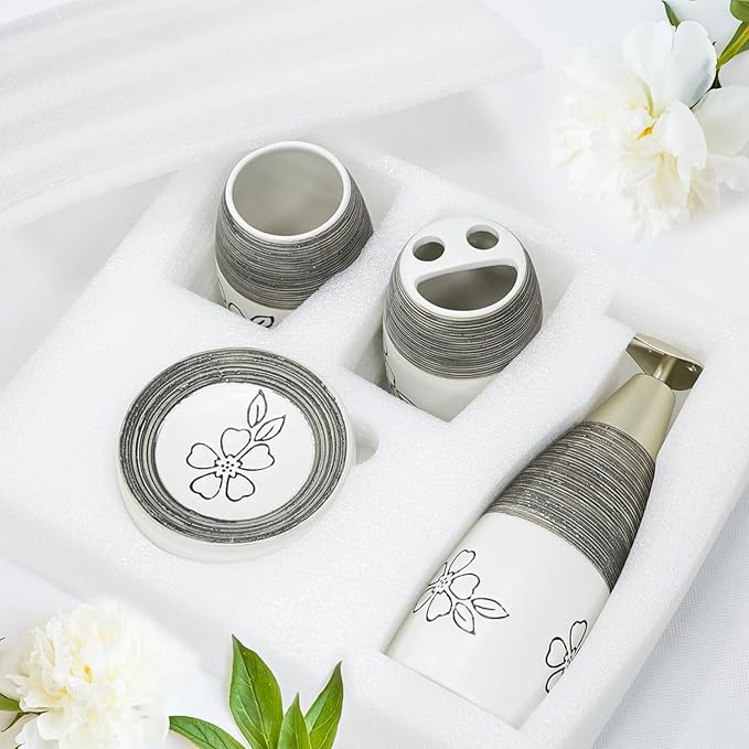 CERBIOR Bathroom Accessories Set,4 Pcs Ceramic Bathroom Decor Accessory,Includes Toothbrush Holder, Toothbrush Cup, Soap Dish for Decorative Countertop and Housewarming Gift, (White Flower)