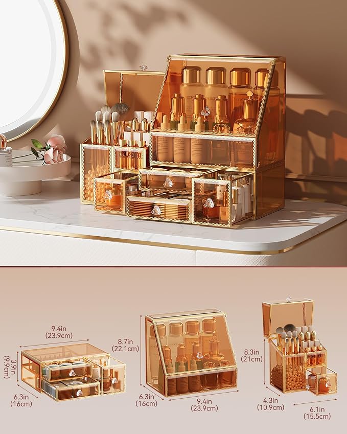 CoralHouse Amber Glass Makeup Organizer with Lid, 3-Piece Vanity Organizer with Gold Frame, Cosmetic Display Case for Skincare, Perfume, Lipsticks, Brushes, Bathroom Countertop & Dresser