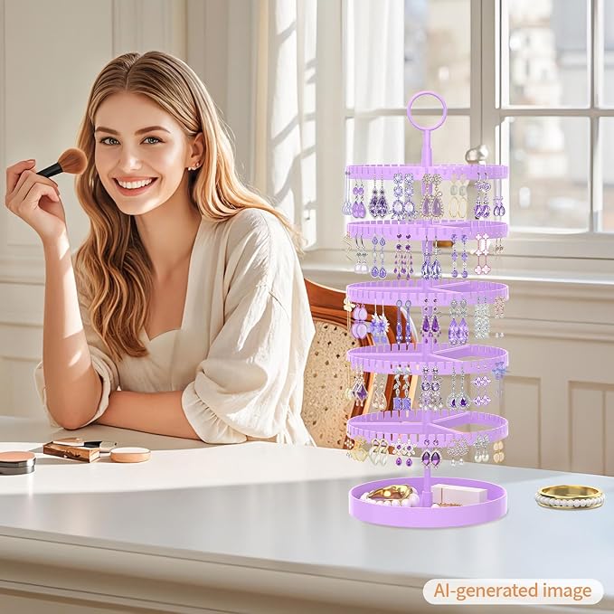 iDavosic.ly 5 Tier Rotating Earring Holder Organizer with Metal Tray, Adjustable Plastic Dangle Display Stands Tree with 285 Grooves, Large Hoop Storage Rack Tower, Purple