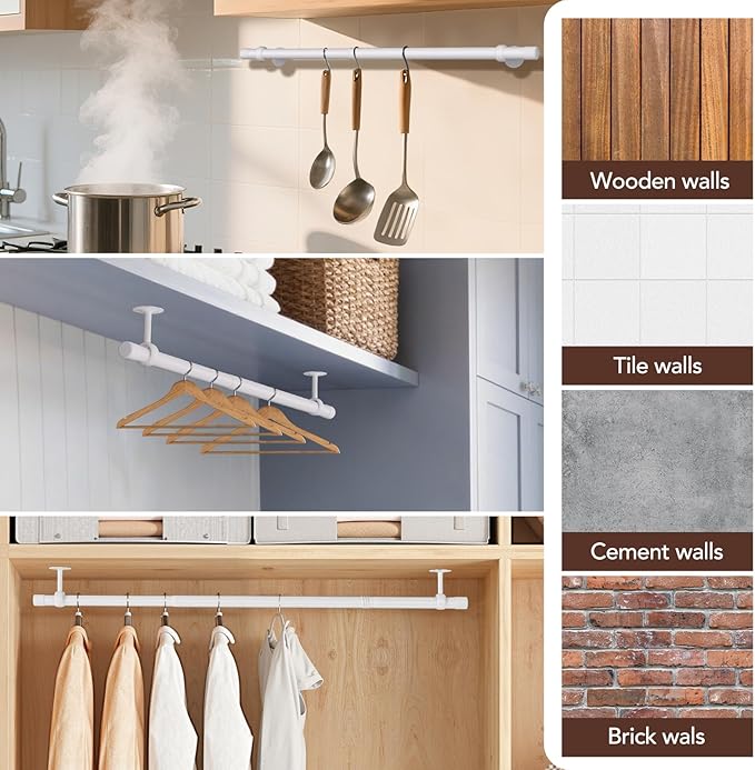 Closet Rod, Closet Rods for Hanging Clothes, 17 to 37 inch Adjustable Ceiling/Wall mounted Closet Hanging Rod, Heavy Duty Clothes Rod Clothing Bar, Closet Poles for Hanging Clothes for Wardrobe