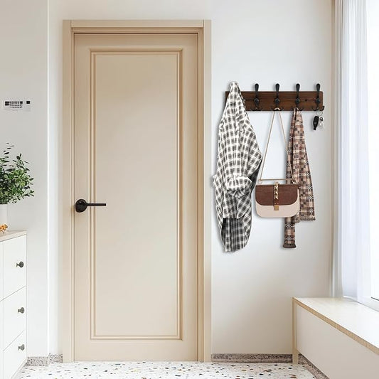 Wooden Coat Rack Wall Mount Heavy Duty, 2 Pack Coat Hanger Wall Mount with 5 Triple Hooks for Clothes, Jacket, Hat, Keys, Space Saving Entryway Organizer for Mudroom (Brown Plate & Black Hooks)