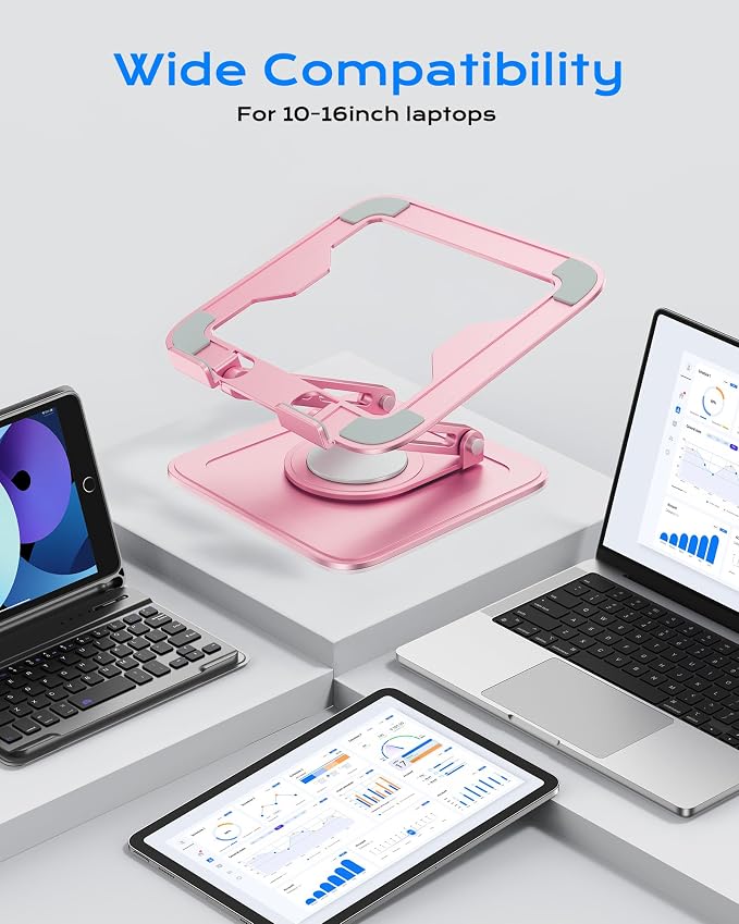 LOXP Adjustable Laptop Stand, Computer Stand with 360 Rotating Base, Ergonomic Laptop Riser Mount for Desk Foldable Protable Computer Desk Fits with MacBook Pro Air (10-16") - Pink