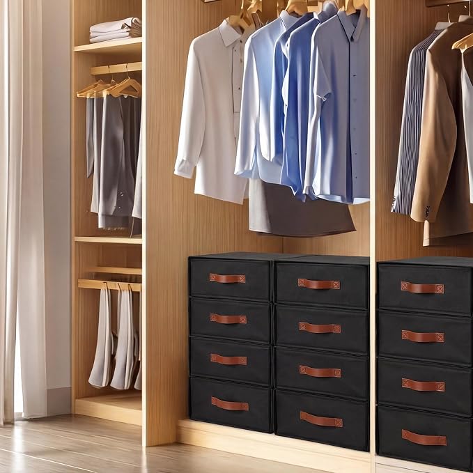 Windyun 4 in 1 Stackable Storage Drawers Closet Organizer with Dividers for Socks Underwear Bras Scarves Ties Large Dresser Organizer Bins Foldable Clothes Storage Boxes, 12 x 15 x 6 Inch(Black)