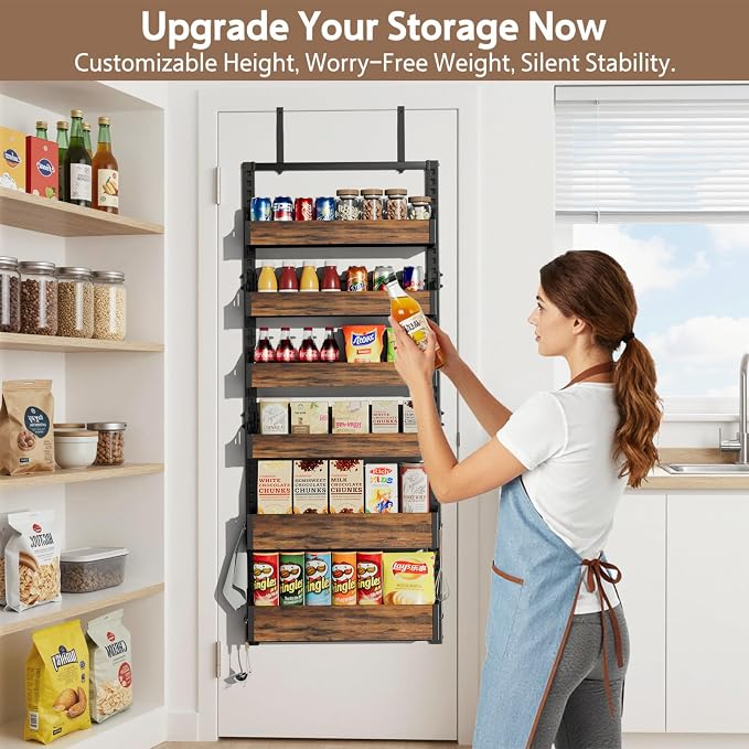 Over the Door Pantry Organizer: Pantry Organization and Storage with Hanging Basket - 6-Tier Adjustable Shelves Metal Spice Rack for Kitchen Laundry Room Bedroom & Bathroom