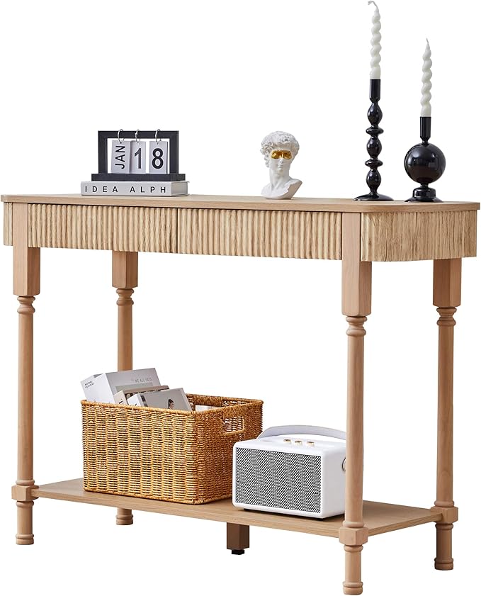 Fluted Console Table for Entryway, 43.3'' Narrow Entryway Tables with 2 Wooden Drawers, Retro Sofa Table Behind Couch Accent Tables for Foyer, Living Room, Hallway (Natural)