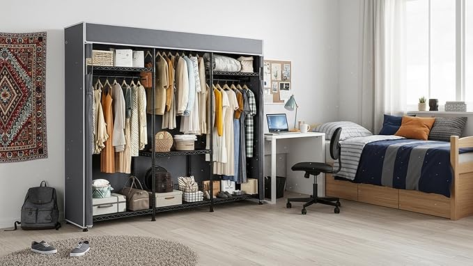 Raybee Clothes Rack with Cover, Clothing Racks for Hanging Clothes with Adjustble Shelves,Portable Closet 15.74''D x 56.02''W x 75.4''H Hold 800LBS for Bedroom, Apaertment, Dorm, Space Saving, Grey
