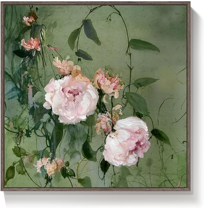 Framed Vintage Floral Square Wall Art, Pink and Green Retro Botanical Watercolor Flower Canvas Painting Prints, French Country Cottage Core Elegant Peony Artwork for Bedroom Living Room Office, 24x24