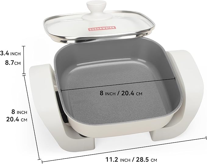 8-inch Ceramic Coated Electric Skillet with Lid, Non Stick Skillet Griddle Pan Electric, Rapid Heat Up, 650W, Breakfast Skillet, Kitchen Appliances for Cooking, White