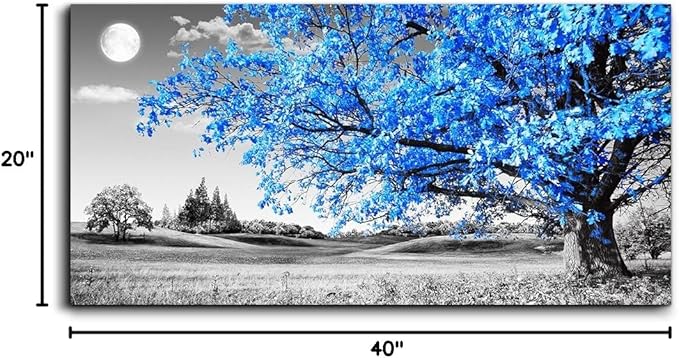 wall art for living room Simple Life Blue moon tree landscape Abstract painting office Wall Decor 20" x 40" single Pieces Canvas Prints Ready to Hang for Home Decoration Black and white Works of art