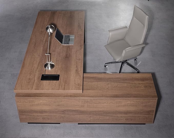SAINTCY Retractable L-Shaped Executive Desk, Commercial-Grade Office Desk with Reversible Storage Cabinet, Built-in Power Hub, Modern Executive Desk for Home & Business Office