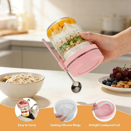 Overnight Oats Containers with Lids and Spoons - 4 Pack 16 oz Glass Mason Jars with Separate Compartments Airtight Overnight Oat Jars Leakproof Yogurt Parfait Cup for Oatmeal Chia Pudding Cereal Salad