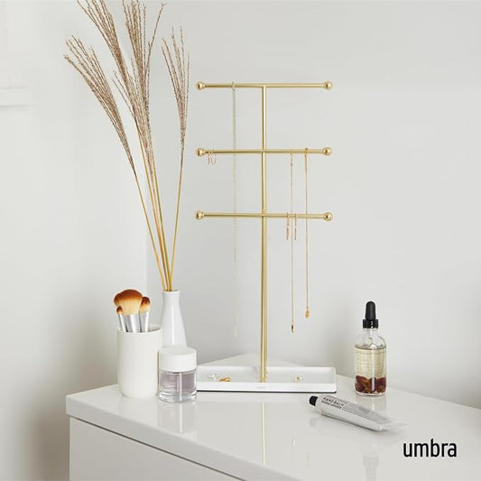 Umbra Trigem Hanging Jewelry Organizer Tiered Tabletop Free Standing Necklace Holder Display, White/Gold