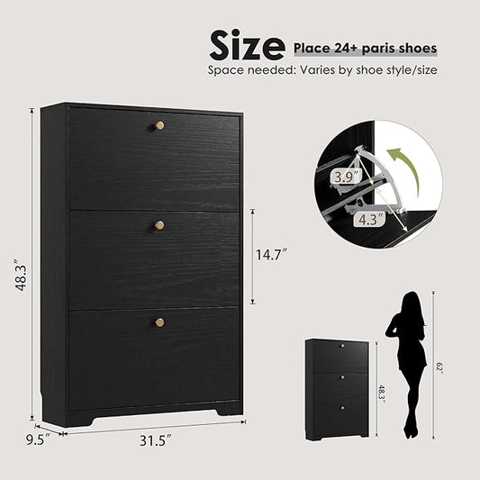 Nicetree Shoe Cabinet with 3 Flip Drawers, Narrow Shoe Organizer Cabinet, Freestanding Shoe Rack Cabinet, Modern Shoe Storage Cabinet for Entryway, Hallway, Foyer, Black with Hook