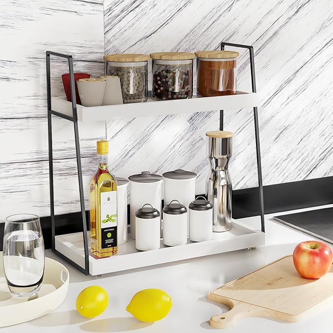Countertop Coffee Station Organizer, 2 Tier Large Coffee Bar Organizer for Accessories Storage, Stable Metal Wooden Shelf Syrups Holder Condiments Rack