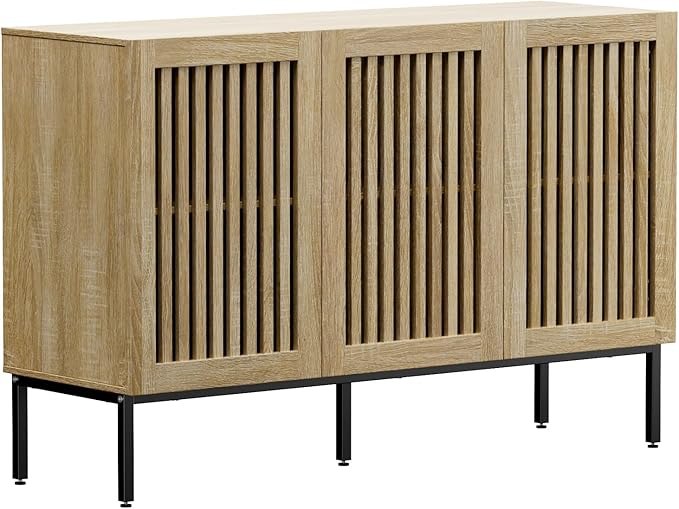 Buffet Cabinet with Storage,47" Farmhouse Console Table with Metal Base and Adjustable Shelves,Sideboard Coffee Bar Cabinet with 3 Doors for Kitchen,Dining Room,Living Room,Oak