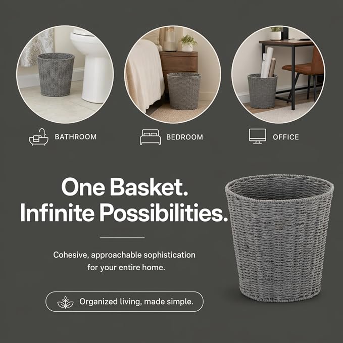 Household Essentials Woven Waste Basket, Gray Paper Rope Waste Bin for Bathroom, Bedroom, Office