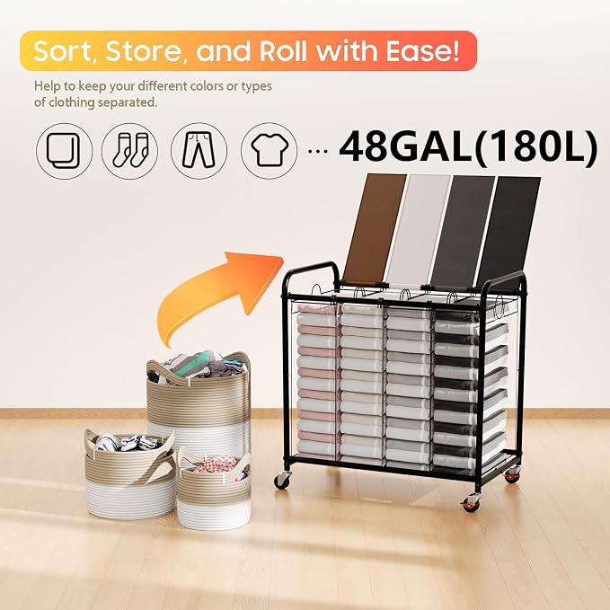 Laundry Sorter 4 Sections 48 Gal, Rolling Laundry Basket with Lockable Wheels and Lid, Laundry Hamper with 4 Separated Removable Bags Dirty Clothes Hamper for Laundry Room, Multicolor