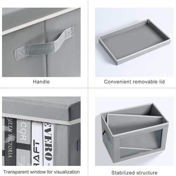 Homsorout Large Storage Bins with Lids - Stackable Cube Bins for Closet, 5 Pack Clear Windows Fabric Organizer Bins, Home Organizers and Storage for Clothes, CD, Towels, Grey
