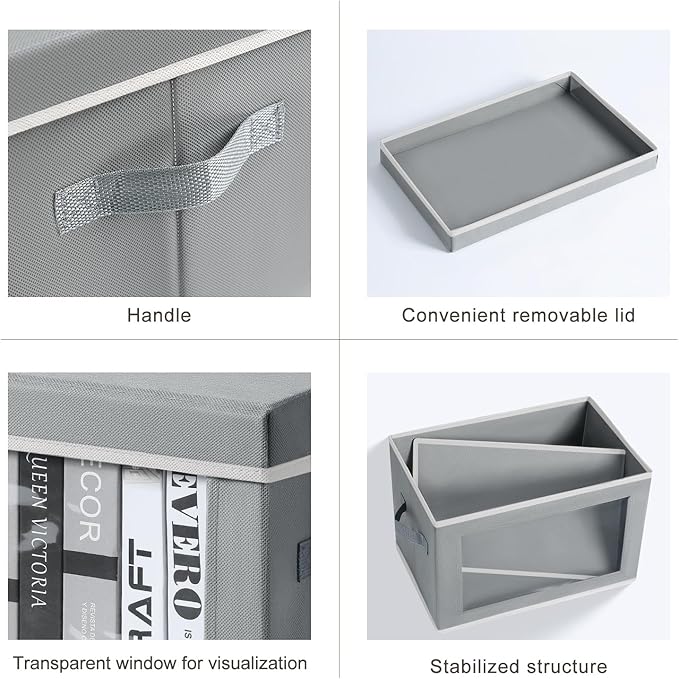 Homsorout Decorative Bins with Lids - Stackable Cube Bins for Closet, 5 Pack Clear Windows Fabric Organizer Bins, Home Organizers and Storage for Clothes, CD, Towels, Grey