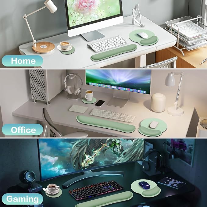 Mouse Pad with Wrist Rest Set, 3-in-1 Wrist Support Mousepad Set, Gaming Mat Pad with Anti-Skid Base,Ergonomic Mouse Pad Green,Memory Foam Gel Wrist Rest for Computer Keyboard