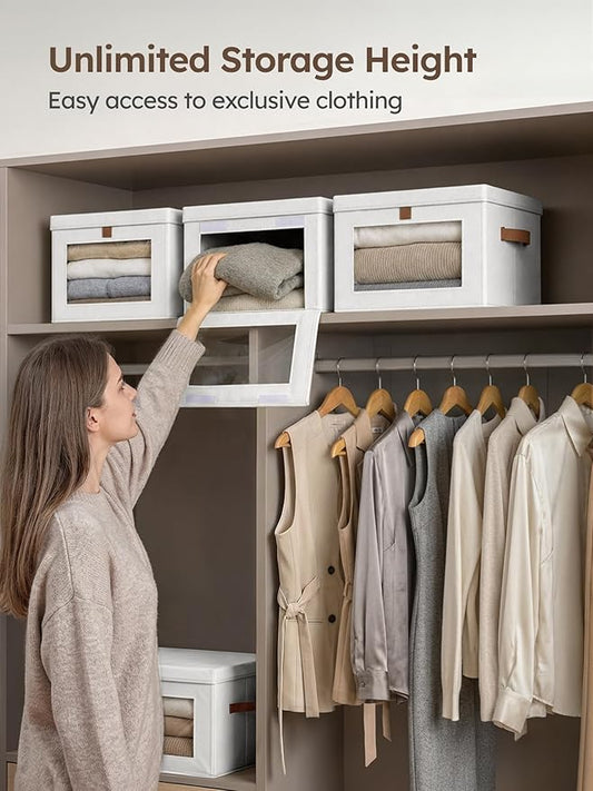 Homsorout Medium Fabric Storage Bins - Closet Shelf Organizer with Open Window, 4 Pack Closet Baskets for Shelves, Stackable Decorative Boxes for Home, Dorm, White, 13.7" x 9.8” x 9.8"