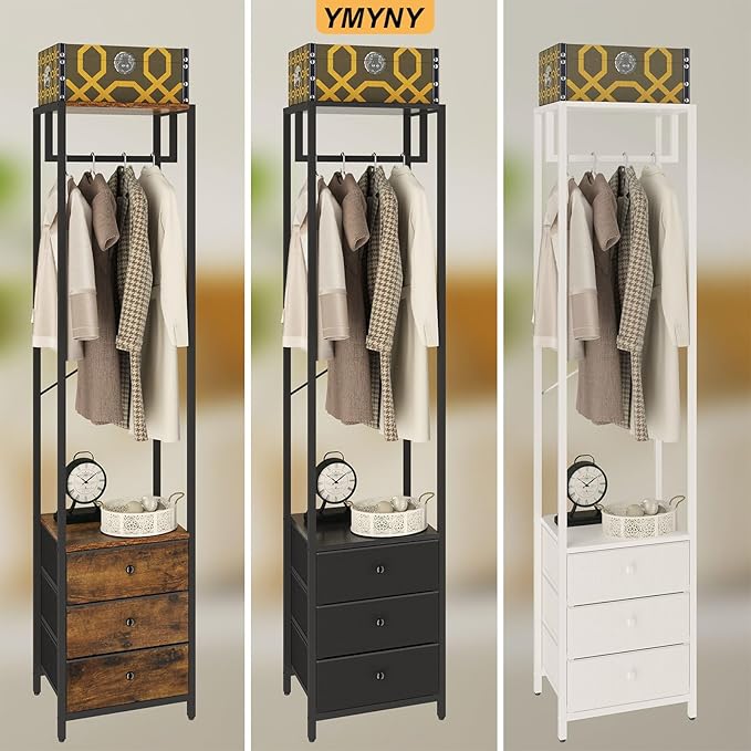 YMYNY Garment Rack, Clothes Rack with Drawers, Freestanding Tall Closet Organizer with 3 Fabric Drawers, Clothes Stand for Hanging Shirts, Coat,15.35" L×11.41" W×70.47" H, Rustic Brown UHGR001H