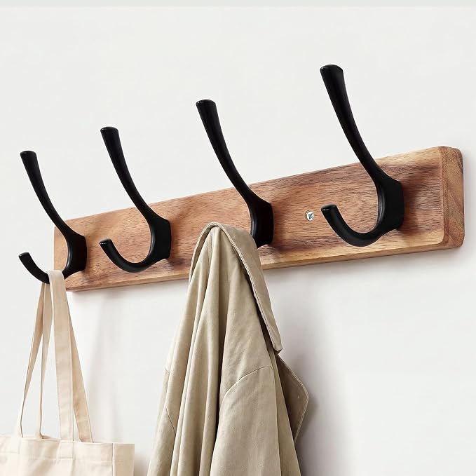 Yangbaga Coat Rack Wall Mount,Acacia Wood Coat Hooks Wall Mount,15" Wall Coat Rack with Heavy Duty 4-Double-Hooks,Hat Rack Wall Coat Hanger for Towel/Dog’s Leashes/Coat/Bag