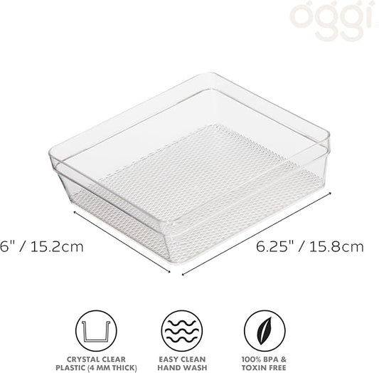 Oggi Clear Drawer Organizer - 6" X 6.25"- Ideal for Organizing Kitchen Drawers, Office, Desk, Silverware, Kitchen Utensils, Cosmetics and Bathrooms