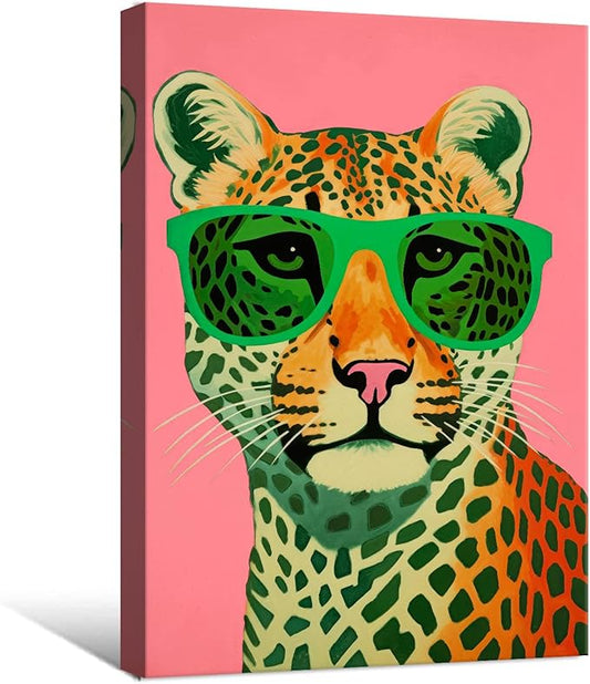 7CANVAS Pink Cheetah Print Canvas Wall Art Leopard Wall Decor Preppy Room Decor Animal with Sunglasses Chic Picture for Modern Home Girls Dorm 24x36Inch