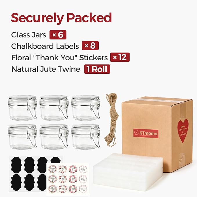 Mini Jam Jars, 4oz Small Glass Jars with Airtight Lids (Set of 6), Leakproof Mason Jars with Gift Labels & Hemp Rope, Straight-Sided for Homemade Preserves, Honey, DIY Crafting, Wedding Favors