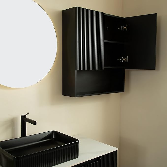 26" Wall-Mounted Striped Bathroom Cabinet, with Doors, Shelf and Open Storage Compartment Over The Toilet Storage Cabinet for Bathroom, Kitchen, Laundry Room, Black