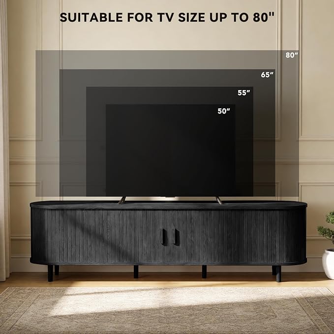 70" Mid Century Modern TV Stand with Power Outlet, Fluted Entertainment Center with Storage and Adjustable Shelves, Wood TV Console with Sliding Doors for Living Room, Black