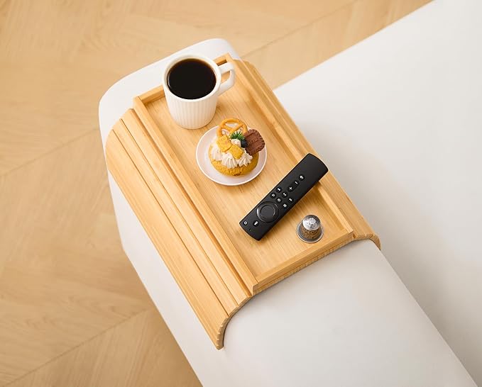 Bamboo Couch Arm Tray Table,Foldable Sofa Armrest Tray Table for Couch,Flexible and Anti-Slip Couch Arm Cup Holder,Portable Sofa Arm Chair Table for Drink,Cups, Eats,Snacks, Phone, Remote