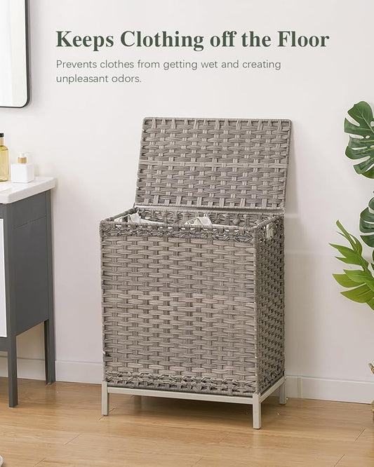 SETVSON Laundry Hamper with Lid, 112 L Handwoven Rattan Wicker Laundry Basket, 2 Removable Liner Bags Metal Heightened Feet, 6 Mesh Bags, 2 Section Large Clothes Hamper for Bathroom Bedroom, Gray