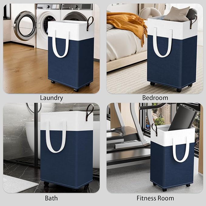HomeHacks 75L Rolling Laundry Basket with Wheels, Collapsible & Waterproof Laundry Hamper, Mobile Clothes Hamper, Storage Laundry Bins with Handles for Laundry Room, Bedroom, Bathroom & Dorm, Blue
