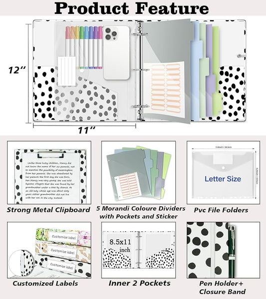 3 Ring Binder Organizer, 2 Inch Three Ring Binders with Clipboard, 5-Tabs Pockets Dividers, Transparent Plastic Folder, Pen Loop, 18 Divider Stikers, BVSSX Decorative Binder, Polka Dot, Letter Size