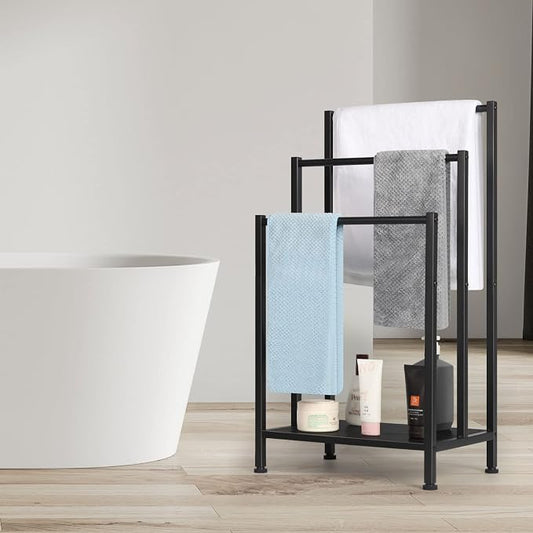 Freestanding Towel Rack for Bathroom, Black Standing Towel Rack Bath Towel Holder Stand Floor 3 Tier Blanket Rack Outdoor Towel Rack Standing Metal Blanket Ladders for The Living Room