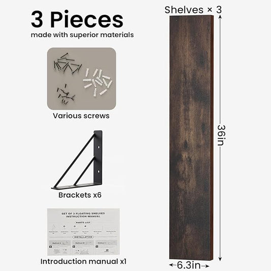 BAYKA Wall Shelves for Bedroom Decor, Floating Shelves for Wall, Display Mounted Rustic Wood Shelf for Books,Plants,Corner Shelves for Bathroom,Kitchen,Living Room(Rustic Brown,36in,Set of 3)