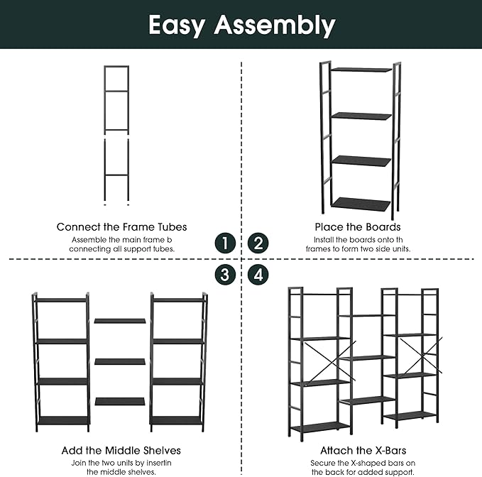 GRUSIGN Triple 4 Tier Book Shelf, Modern Bookcase Shelf, Freestanding Large Display Shelves for Living Room/Office/Garage, Stable Large Bookshelf with Storage for Books/Lego/Plants, Black