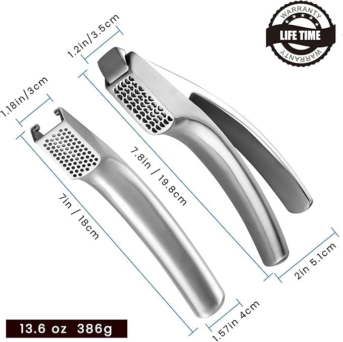 Lifetime Replacement Garlic Press Stainless Steel No Need to Peel Detachable Handles for Coarse & Fine Mincing-Premium Garlic Mincer Tool, Easy to Clean, Dishwasher Safe Garlic Crusher