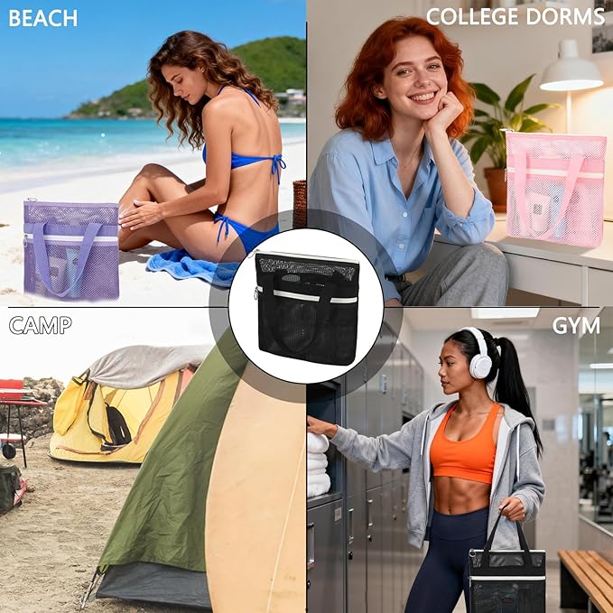 GYEUKHAM Portable Mesh Shower Caddy with 2 Zipper Pockets & Dual Handles, Quick-Drying Hanging Shower Tote for College Dorm, Gym, Travel & Camping, White