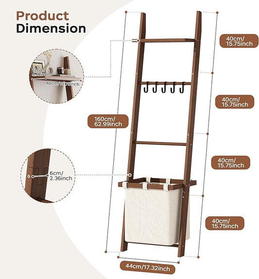 63" Bamboo Blanket Ladder with Shelf, Fabric Storage Basket and 5 Hooks, 4 Tier Leaning Blanket Rack, Farmhouse Towel Ladder Rack, Decorative Quilt Rack Holder for Living Room Bedroom Bathroom, Walnut
