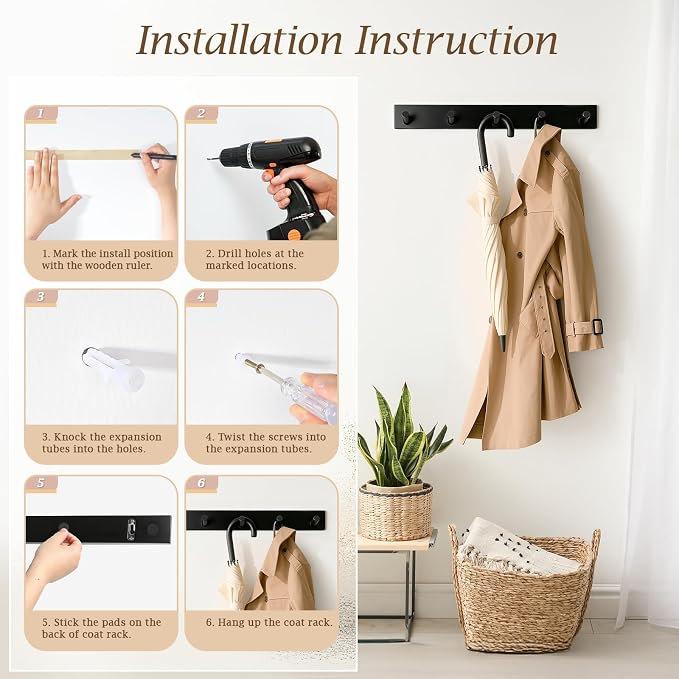 Coat Rack Wall Mount, Wooden Coat Hanger with 5 Hooks, Heavy Duty, Black, 1 Pcs