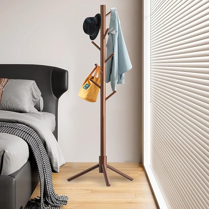 Wooden Coat Rack Stand, Freestanding Coat Rack with 8 Hooks, 3 Adjustable Size Coat Tree for Hats, Coats, Scarves bags, Coat Hanger Stand Used in Bedroom/Office/Entryway (Brown)