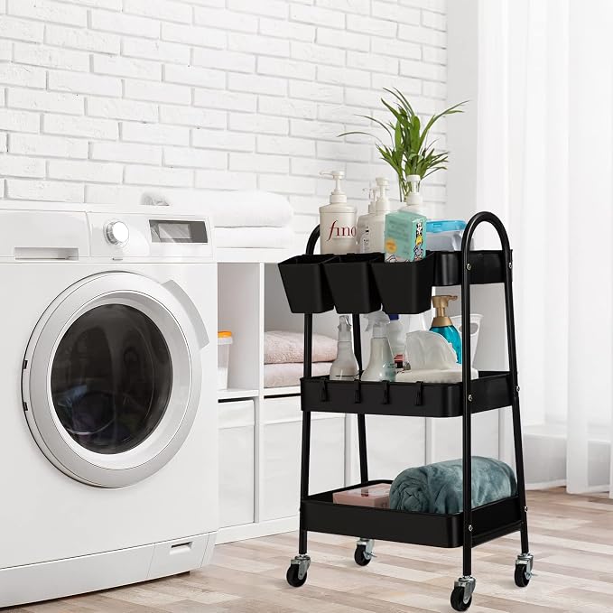 danpinera 3-Tier Rolling Cart, Utility Cart Mobile Metal Rolling Storage Cart with Lockable Wheels & Hanging Cups & Hooks for Kitchen, Bathroom, Office, Workshop, Black