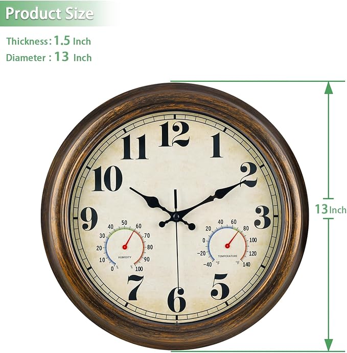 45MinST 13-Inch Vintage Outdoor Wall Clock with Thermometer and Hygrometer, Waterproof, Large Numbers, Silent, for Indoor and Outside Use,Porch,Garden,Pool(Bronze)