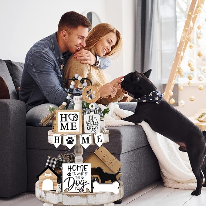 11 Pcs Dog Tiered Tray Decor Dog Home Rustic Farmhouse Tiered Tray Decorations Set Home Wooden Signs Vintage Farm Animal Farmhouse Tabletop Wood Signs for Kitchen Table Shelf Decor