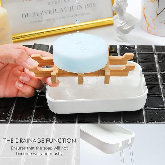 Soap Dishes for Bar Soap,2Pcs/Set Bathroom Soap Holder, Bamboo Soap Dishes Holder for Bathroom Shower, Sink Soap Dish, White&Black Soap Tray(White&Black)
